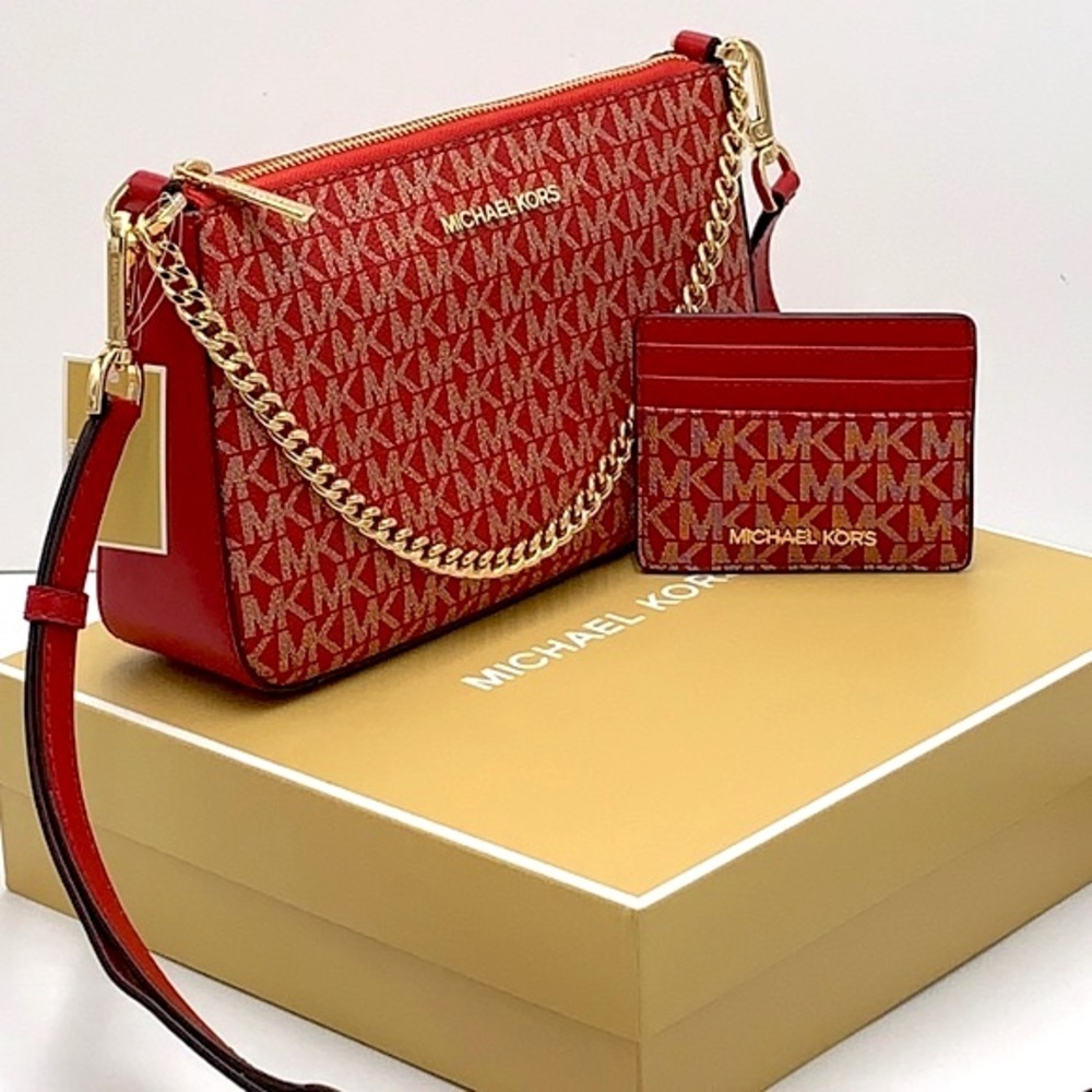 MICHAEL KORS GIFTABLE SHOULDER BAG & CARD HOLDER BOXED SET CHILI PALE GOLD GLITT - Picture 4 of 16